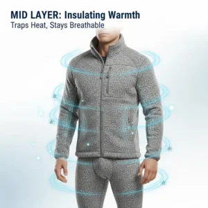 A diagram of a breathable fleece mid-layer designed to trap body heat during outdoor winter work.