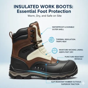 Cross-section illustration of an insulated, slip-resistant work boot for freezing construction sites.