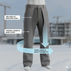 Illustration showing how to layer thermal base layers under relaxed-fit cold weather work pants.
