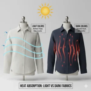 Comparison of heat absorption between light and dark long sleeve shirts for hot weather.