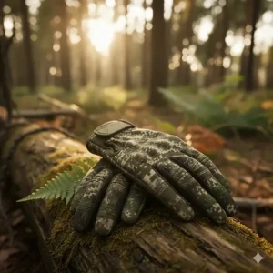 Thin, moisture-wicking camo hunting gloves providing concealment and grip in warm conditions.