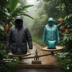 Illustration comparing the weight of a heavy winter parka vs. a lightweight raincoat for hot weather.