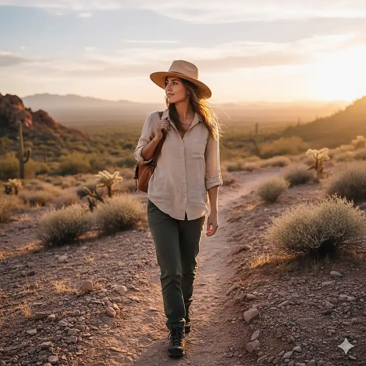 A person wearing a breathable linen long sleeve shirt while hiking in a sunny, desert landscape. long sleeve shirts for hot weather