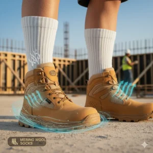 Graphic showing the combination of merino wool socks and ventilated work boots for maximum cooling.