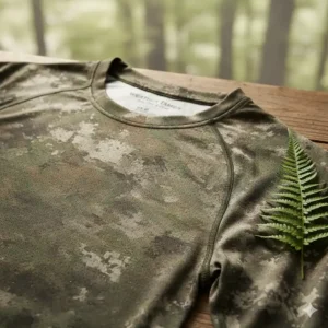 Close-up of a technical camo base layer designed to wick sweat during warm weather hunts.