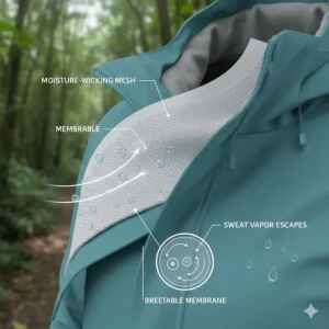 Close-up diagram of a moisture-wicking inner lining in a summer rain jacket.