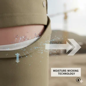 Diagram showing moisture-wicking technology pulling sweat away from the skin in summer work pants.