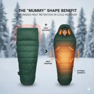 Illustration showing how the mummy shape of a budget cold weather sleeping bag retains body heat.