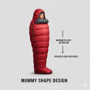 Illustration of a mummy-shaped sleeping bag designed to maximize heat retention in sub-zero temperatures.