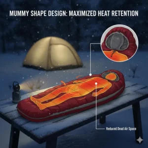 Technical drawing of a mummy-style cold weather sleeping bag designed for maximum heat retention.