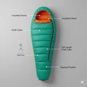 Technical illustration of a mummy-shaped sleeping bag showing the insulated hood and draft collar for winter warmth.