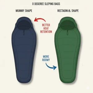 Comparison illustration of mummy shape and rectangular 0 degree sleeping bags for heat retention.