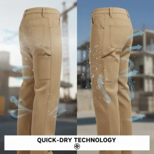 Illustration demonstrating the quick-dry capabilities of nylon-blend work pants after exposure to sweat or water.