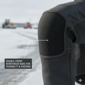 Close-up of double-front reinforced knees on work pants designed for kneeling in cold environments.