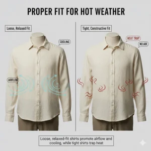 Illustration of a relaxed-fit long sleeve shirt showing how a loose drape aids in cooling during heat.