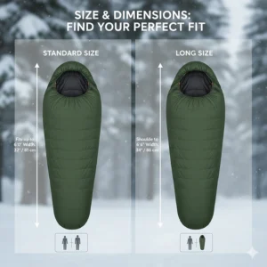 Comparison of standard and long sizes for budget cold weather sleeping bags to ensure proper fit.