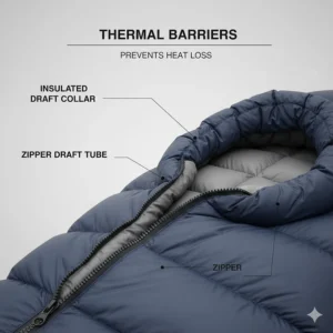 Close-up illustration of an insulated draft collar and zipper tube designed to prevent heat loss in extreme cold.
