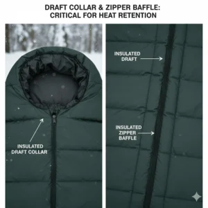 Close-up illustration of a draft collar and zipper baffle on a budget winter sleeping bag to prevent heat loss.