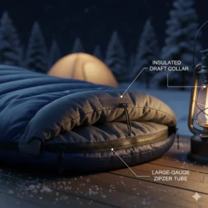 Close-up illustration of an insulated draft collar and zipper tube on a cold weather sleeping bag.