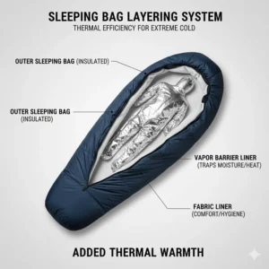 An illustration showing how to layer a liner inside an extreme cold weather sleeping bag for added thermal efficiency.