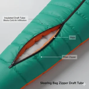Close-up illustration of an insulated draft tube behind a sleeping bag zipper to block cold air during winter camping.
