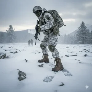 Illustration of a soldier wearing insulated army cold weather boots during a winter training exercise.