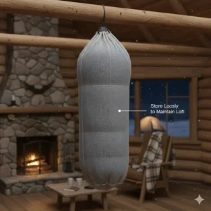 Illustration showing a sleeping bag stored loosely in a large mesh bag to maintain insulation loft.