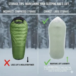 An illustration showing a winter sleeping bag stored loosely in a large mesh bag to maintain its loft.