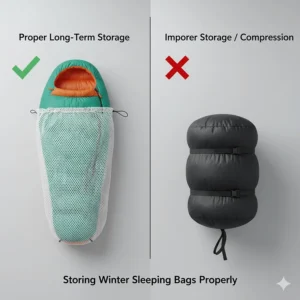 Comparison of storing a winter down sleeping bag in a large lofting bag versus a compression sack for long-term care.