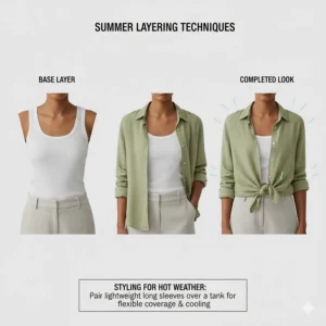 An infographic showing how to style a lightweight long sleeve shirt over a tank top for hot weather.