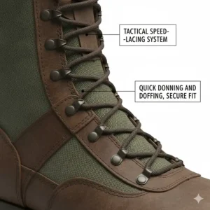 Illustration of the speed-lacing system on tactical army cold weather boots for a secure fit.