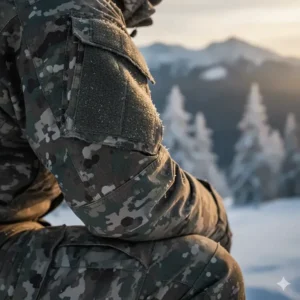 Close-up of the durable reinforced elbow patches on a tactical army cold weather jacket.