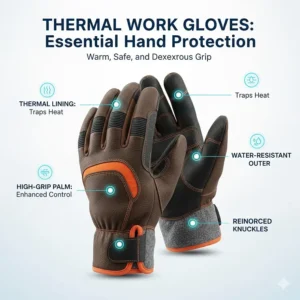 Illustration of thermal-lined work gloves with high-grip palms for cold weather manual labor.