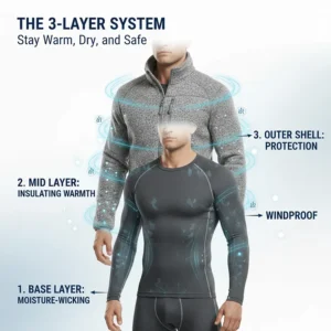 An infographic detailing the three-layer system for choosing the right cold weather work clothes.