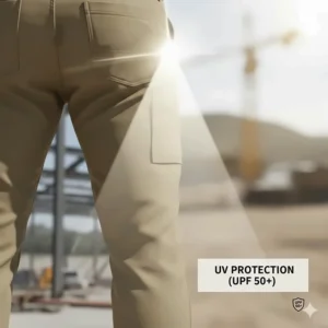 Infographic showing UPF 50 sun protection levels for outdoor work clothing in high heat.