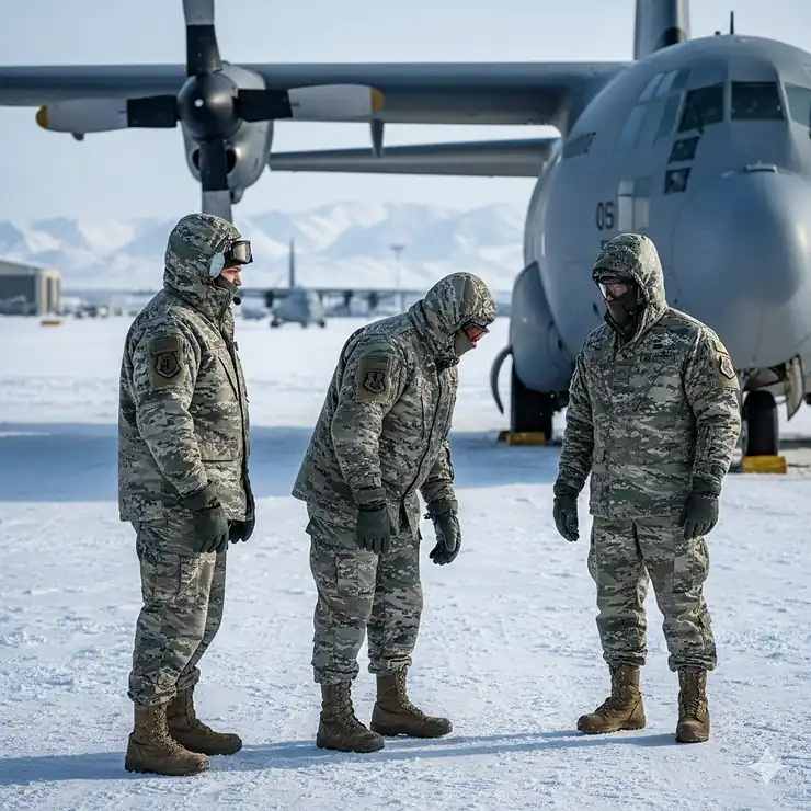 US Air Force personnel wearing full cold weather gear while performing maintenance on a flight line in sub-zero temperatures. air force cold weather gear