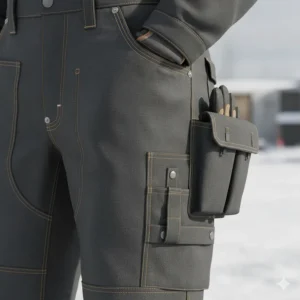 A view of the reinforced utility pockets and hammer loops on a pair of thermal cold weather work pants.