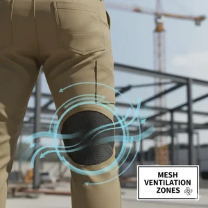 Illustration highlighting mesh-lined ventilation points behind the knees and pockets of cooling work pants.