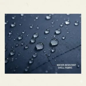 Illustration showing water droplets beading on the DWR-treated shell of a 0 degree winter sleeping bag.