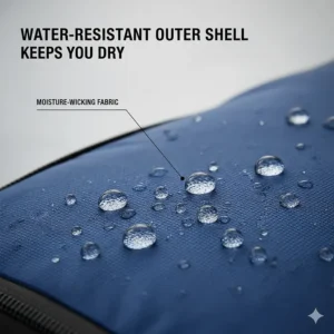 A demonstration of moisture-wicking and water-resistant fabric on an extreme cold weather sleeping bag shell.