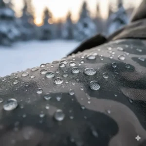 Close-up of water beading on the gore-tex surface of an army cold weather jacket.