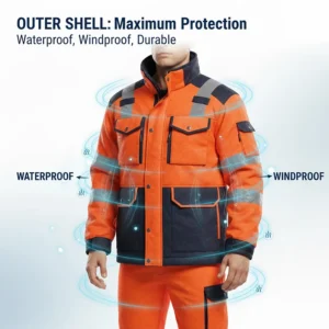 Illustration of a heavy-duty waterproof and windproof outer shell jacket for extreme cold weather work.
