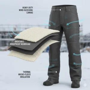 A graphic illustrating the wind-blocking barrier integrated into high-performance cold weather work pants.