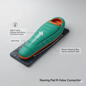 A cold weather sleeping bag paired with a high R-value insulated sleeping pad for ground insulation in winter.