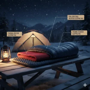 Diagram showing a cold weather sleeping bag paired with a thermal liner and high R-value sleeping pad.