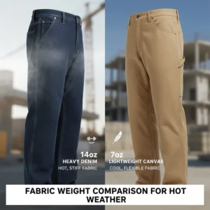 A side-by-side comparison of heavy 14oz denim versus 7oz lightweight canvas work pants for heat.