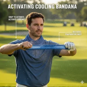 Close-up illustration of a golfer snapping a wet cooling bandana to activate its temperature-dropping properties.