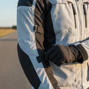 Adjustable arm and waist straps on a hot weather motorcycle jacket to prevent fabric flapping at high speeds.