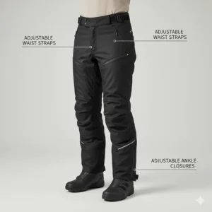 Illustration showing adjustable waist straps and ankle closures on adventure-style cold weather motorcycle pants.