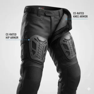 Illustration highlighting CE-rated knee and hip armor integrated into heavy-duty cold weather motorcycle pants.
